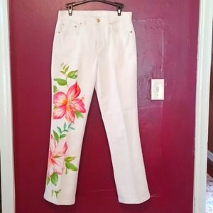 🌺Lauren Jeans Co. Ralph Lauren White Cotton Embelished H.R.-Flare Jeans W6